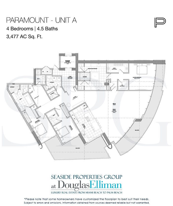 Unit A Floorplan for Paramount, Luxury Oceanfront Condominiums Located at 700 North Atlantic Boulevard, Fort Lauderdale Beach, Florida 33304