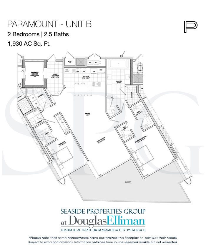 Unit B Floorplan for Paramount, Luxury Oceanfront Condominiums Located at 700 North Atlantic Boulevard, Fort Lauderdale Beach, Florida 33304