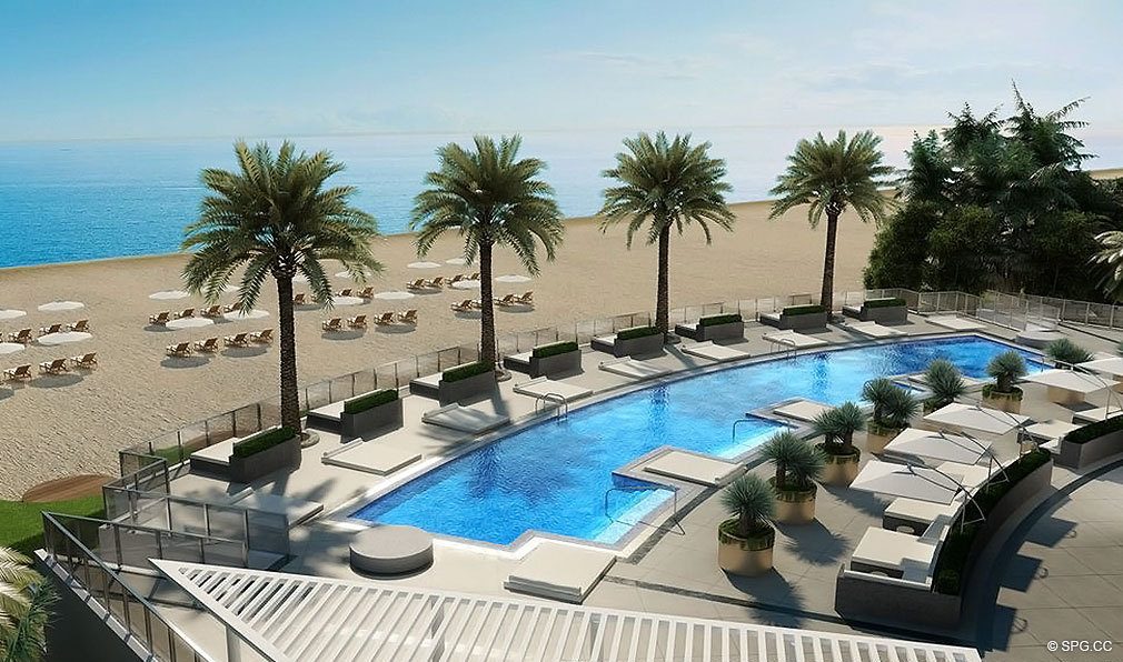 Pool Deck a Porsche Design Torre Miami, Luxury Oceanfront Condominiums Situato a 18555 Collins Avenue, Sunny Isles Beach, FL 33160