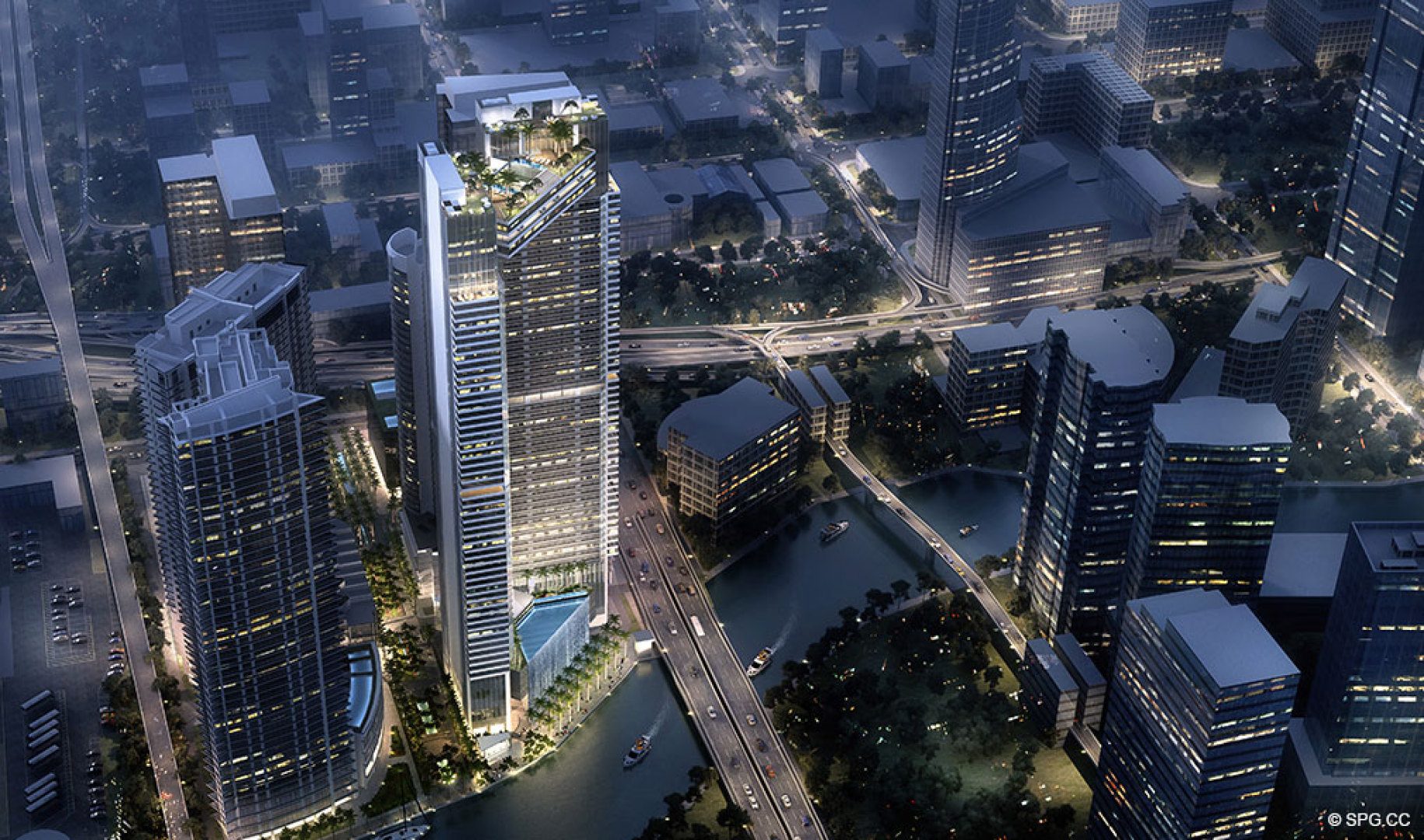 Evening Aerial Rendering of One River Point, Luxury Waterfront Condos in Miami, Florida 33130