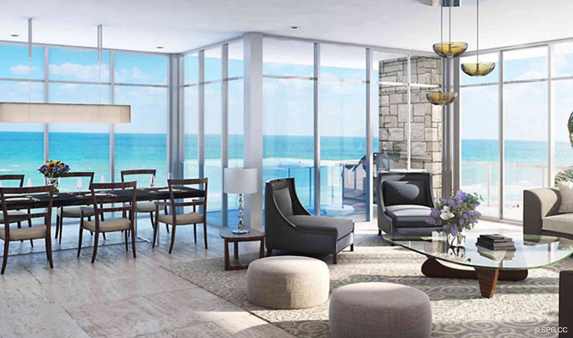 Spacious Interiors with Floor to Ceiling Glass at Sage Beach, Luxury Oceanfront Condos in Hollywood Beach Florida 33019