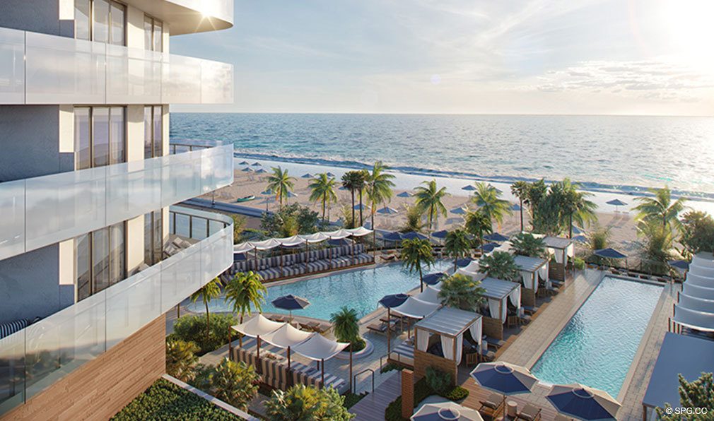 Beachfront Pool Area at The Four Seasons Private Residences Fort Lauderdale, Luxury Oceanfront Condos in Fort Lauderdale, Florida 33304.