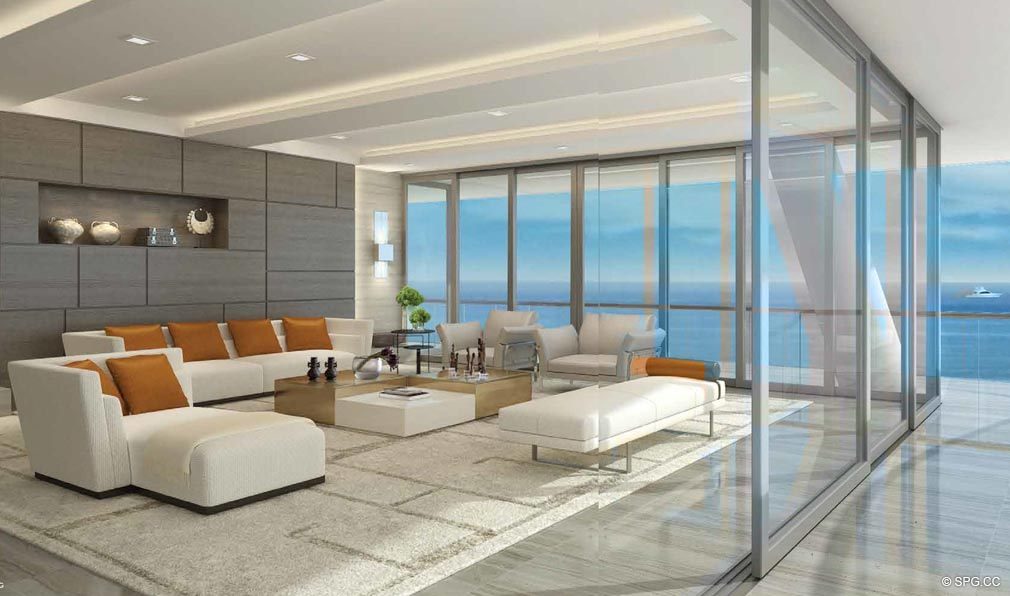 Living Room Design at Fendi Chateau Residences, Luxury Oceanfront Condos in Surfside, Miami Beach