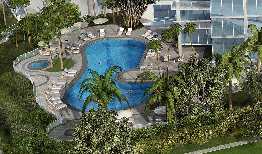 Aerial Render of Pool Area at Akoya Boca West, Luxury Condos in Boca Raton, Florida 33432