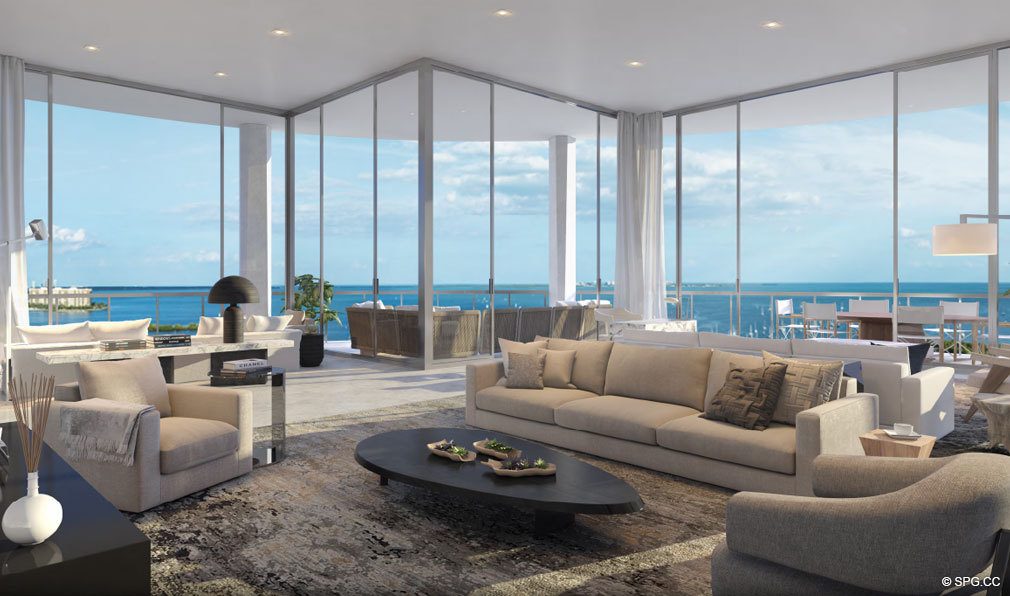 Living Rooms with Floor to Ceiling Glass at Park Grove, Luxury Waterfront Condos in Miami, Florida 33133