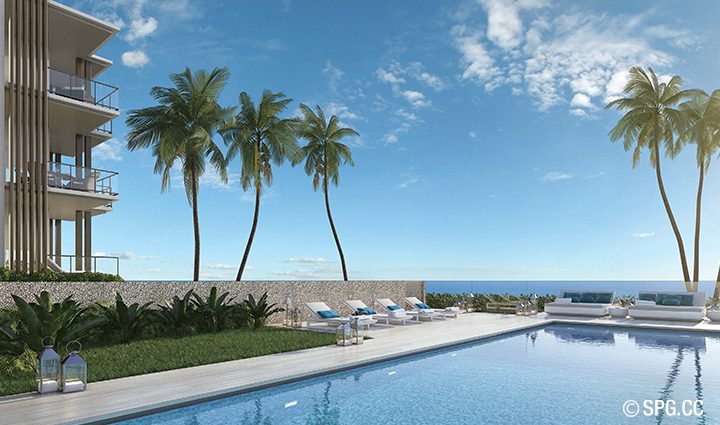 The pool area is located well below the residence level, yet provides unobstructed oceanfront views from the Vondom chaise lounges surrounded by Tuuci umbrellas.