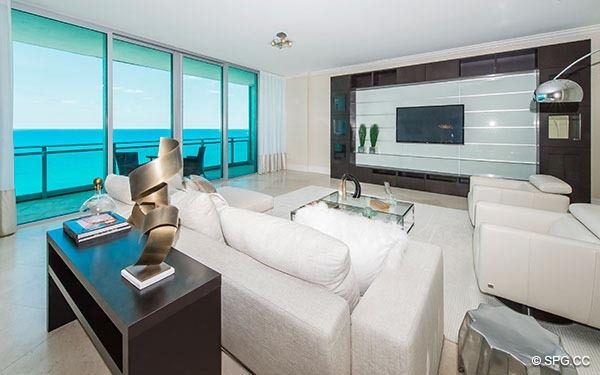 Elegant Living Room with Ocean Views inside Residence 1703 at One Bal Harbour, Luxury Oceanfront Condominiums in Miami, Florida 33154