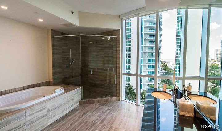 Superbly Crafted Master Bath inside Residence 701, For Rent at Trump Towers One, Luxury Oceanfront Condos in Sunny Isles Beach, Florida 33160