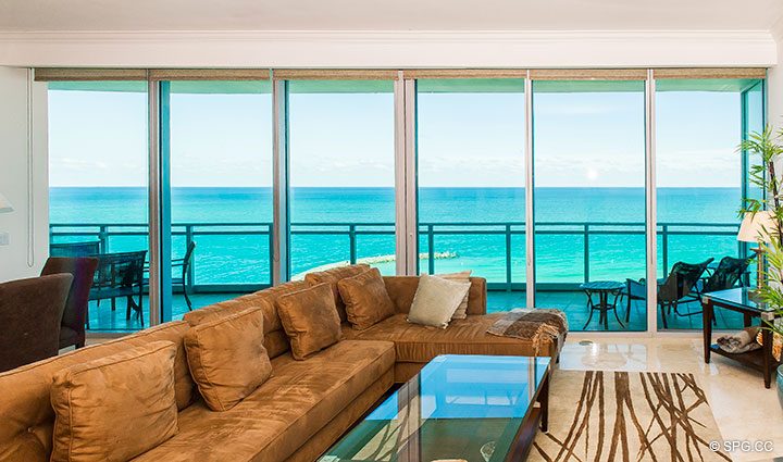Living Room Overlooking Terrace in Residence 902 For Rent at One Bal Harbour, Luxury Oceanfront Condos in Bal Harbour, Miami, Florida 33154.