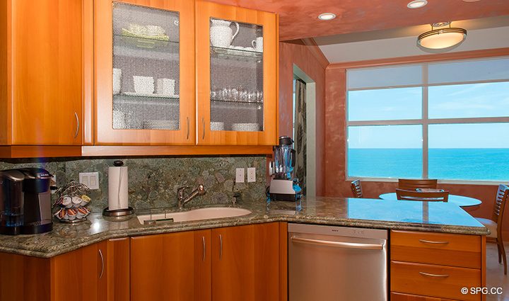 Kitchen with Ocean Views in Residence 12B, Tower II, The Palms Condominiums, 2110 North Ocean Boulevard, Fort Lauderdale Beach, Florida 33305.