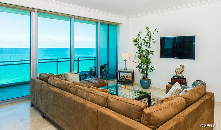 Living Room Ocean Views from Residence 902 For Rent at One Bal Harbour, Luxury Oceanfront Condos in Bal Harbour, Miami, Florida 33154.