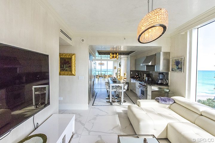 Family Room and Kitchen area in Residence 1106 at Acqualina, Luxury Oceanfront Condominiums in Sunny Isles Beach, Florida 33160