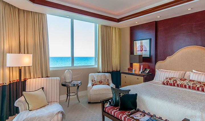 Oceanside Master Bedroom in Residence 406 at Bellaria, Luxury Oceanfront Condominiums in Palm Beach, Florida 33480.