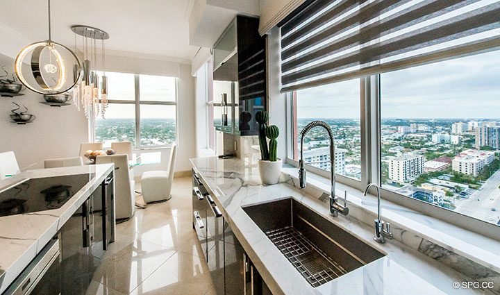 Kitchen with Intracoastal Views in Penthouse Residence 26A, Tower I at The Palms, Luxury Oceanfront Condos in Fort Lauderdale, Florida 33305.