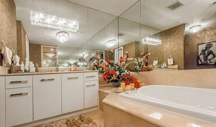 Master Bath with Soaking Tub and Shower in Penthouse Residence 26A, Tower I at The Palms, Luxury Oceanfront Condos in Fort Lauderdale, Florida 33305.