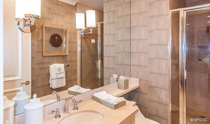 Guest Bath inside Residence 406 at Bellaria, Luxury Oceanfront Condominiums in Palm Beach, Florida 33480.