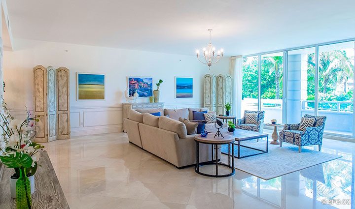 Living Room inside Residence 204 at Bellaria, Luxury Oceanfront Condominiums in Palm Beach, Florida 33480.