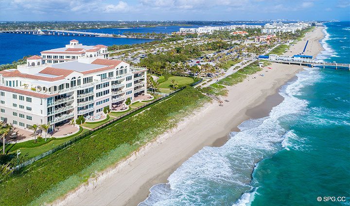 Northern Aerial Beach View of Residence 406 at Bellaria, Luxury Oceanfront Condominiums in Palm Beach, Florida 33480.