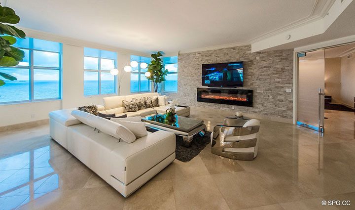 Living Room with Ocean Views in Penthouse Residence 26A, Tower I at The Palms, Luxury Oceanfront Condos in Fort Lauderdale, Florida 33305.
