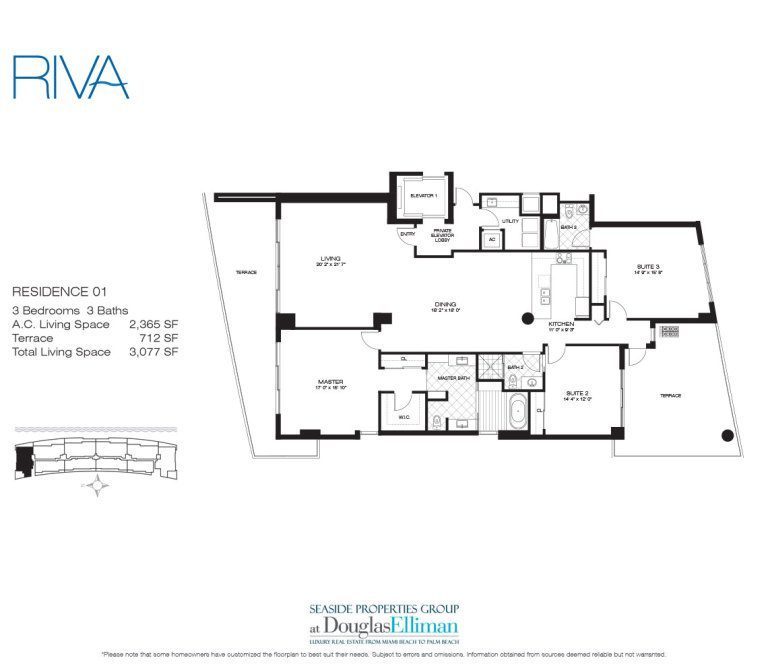 Residence 01 Floorplan for Riva, Luxury Waterfront Condos in Fort Lauderdale, Florida 33304.