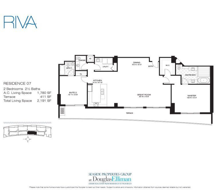 Residence 07 Floorplan for Riva, Luxury Waterfront Condos in Fort Lauderdale, Florida 33304.