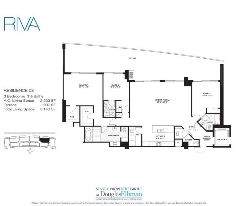 Residence 08 Floorplan for Riva, Luxury Waterfront Condos in Fort Lauderdale, Florida 33304.