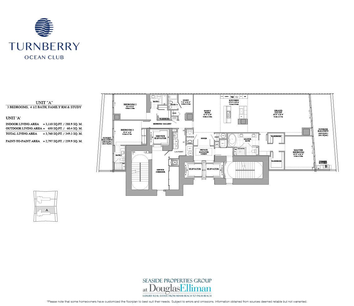 The Unit A Floorplan for Turnberry Ocean Club, Luxury Oceanfront Condos in Sunny Isles Beach, Miami, 33160.