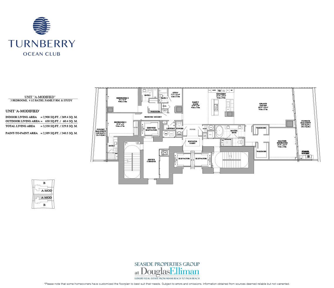 The Unit A Modified Floorplan for Turnberry Ocean Club, Luxury Oceanfront Condos in Sunny Isles Beach, Miami, 33160.