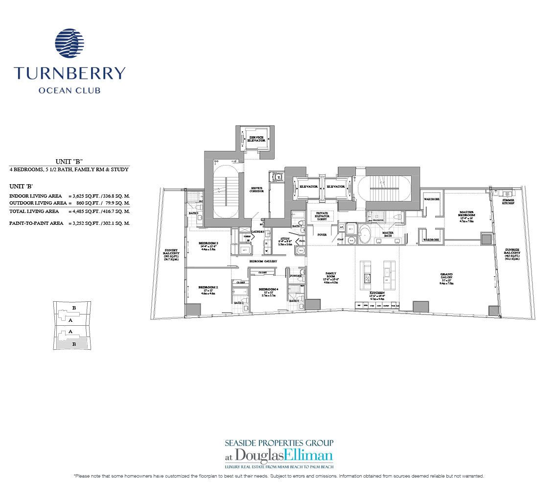 The Unit B Floorplan for Turnberry Ocean Club, Luxury Oceanfront Condos in Sunny Isles Beach, Miami, 33160.