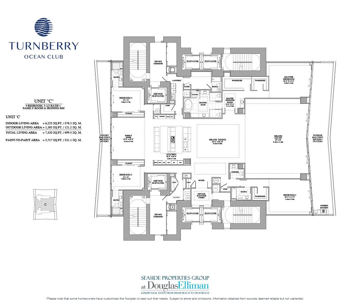 The Unit C Floorplan for Turnberry Ocean Club, Luxury Oceanfront Condos in Sunny Isles Beach, Miami, 33160.