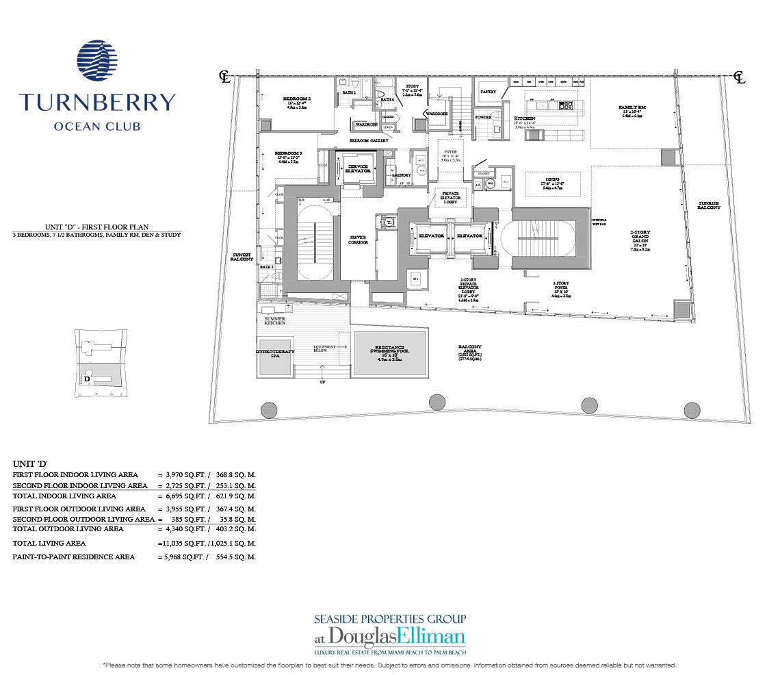 The Unit D 1st Floor Floorplan for Turnberry Ocean Club, Luxury Oceanfront Condos in Sunny Isles Beach, Miami, 33160.