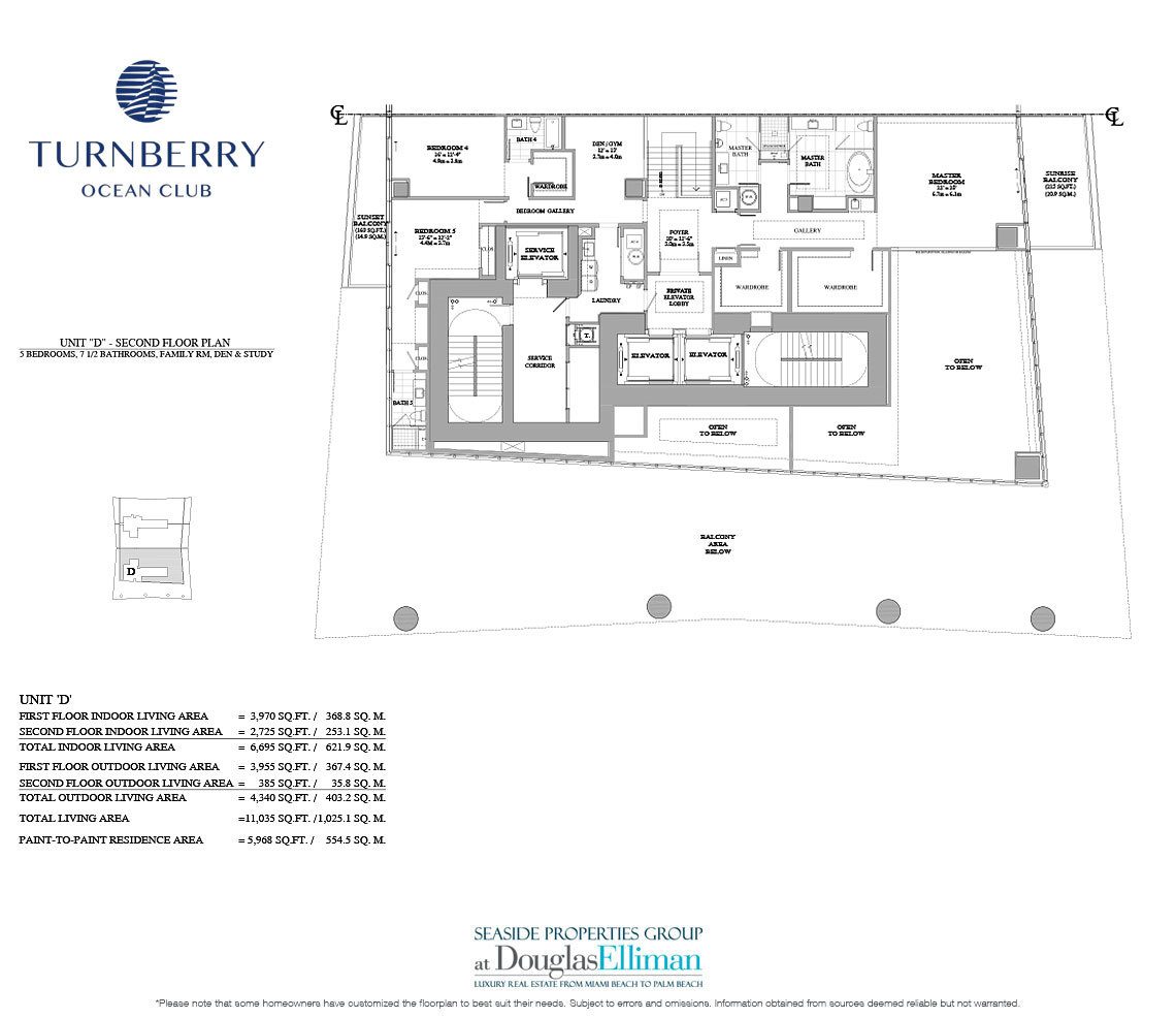 The Unit D 2nd Floor Floorplan for Turnberry Ocean Club, Luxury Oceanfront Condos in Sunny Isles Beach, Miami, 33160.