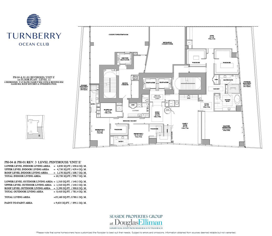 The Unit E 1st Floor Floorplan for Turnberry Ocean Club, Luxury Oceanfront Condos in Sunny Isles Beach, Miami, 33160.