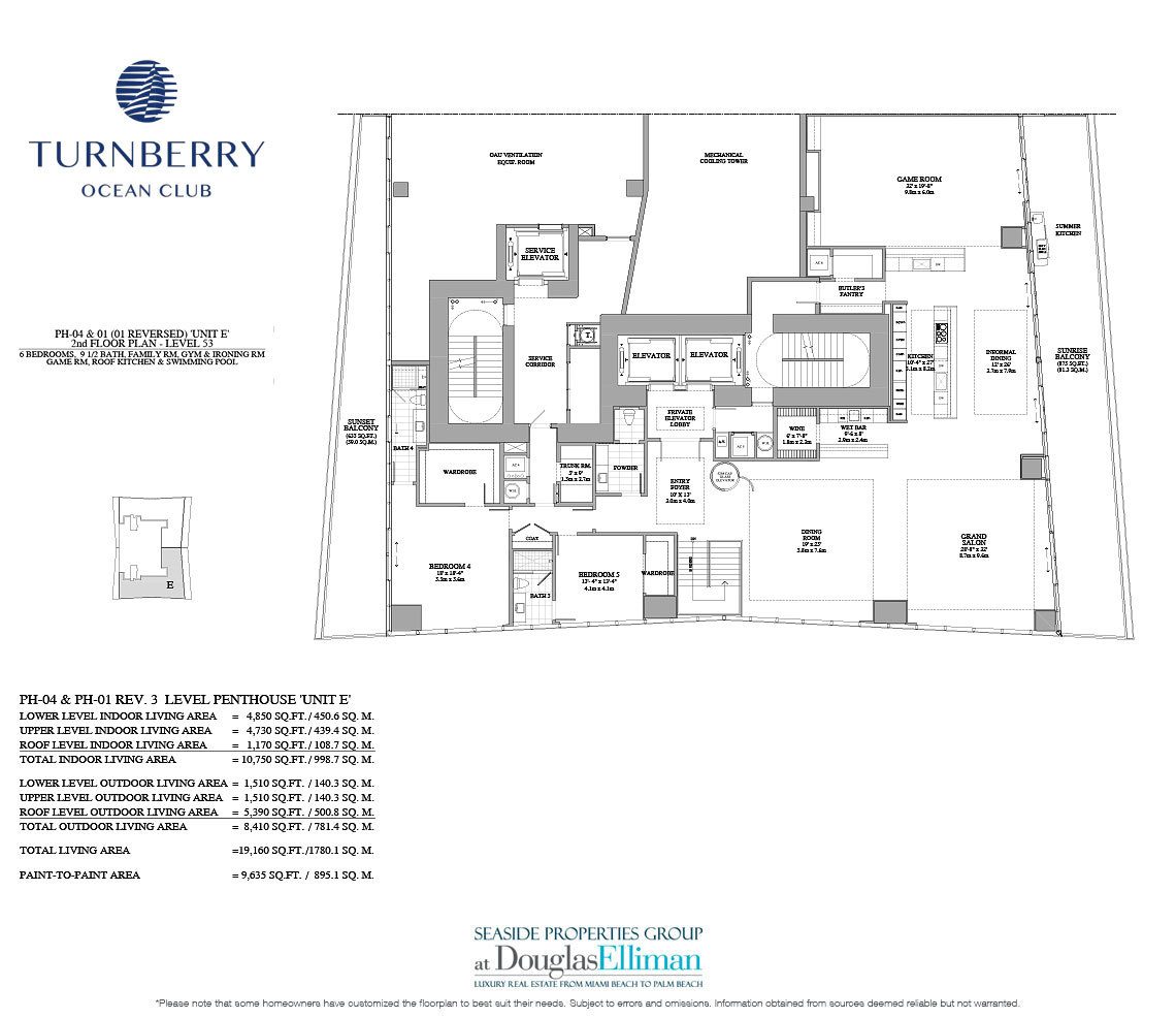 The Unit E 2nd Floor Floorplan for Turnberry Ocean Club, Luxury Oceanfront Condos in Sunny Isles Beach, Miami, 33160.