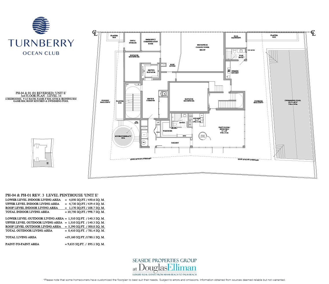 The Unit E 3rd Floor Floorplan for Turnberry Ocean Club, Luxury Oceanfront Condos in Sunny Isles Beach, Miami, 33160.