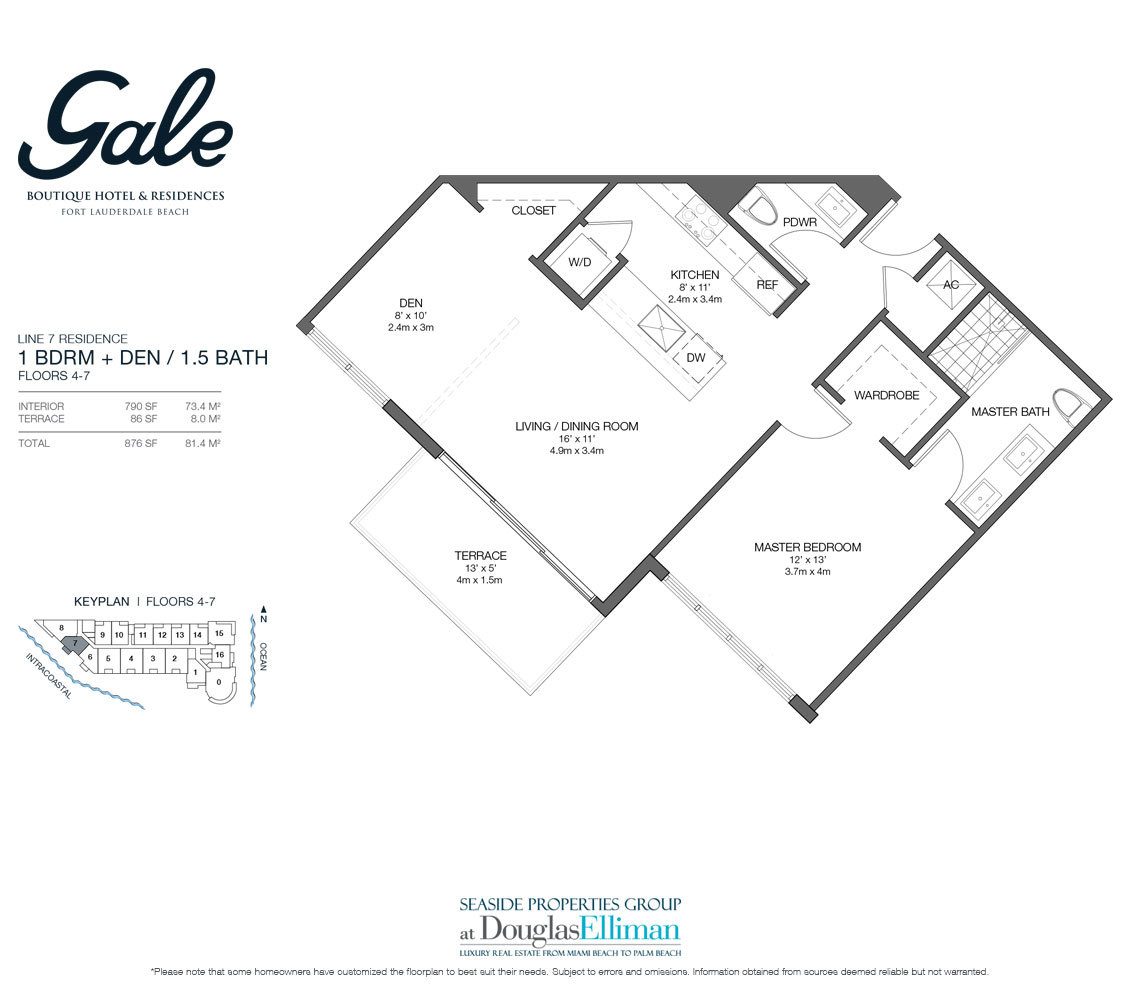 Line 7 Floorplan for Gale Hotel and Residences, Luxury Waterfront Condos in Fort Lauderdale, Florida 33304