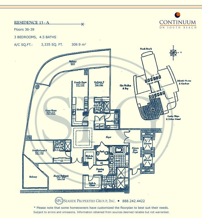 13-A Floorplan for Continuum, Luxury Oceanfront Condos in Miami Beach, Florida 33139