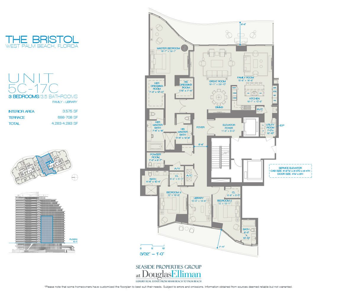 The 5C-17C 3 Beds Floorplan for The Bristol, Luxury Waterfront Condos in West Palm Beach, Florida 33401