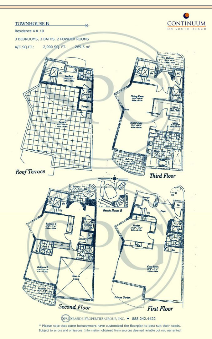 Townhouse B Floorplan for Continuum, Luxury Oceanfront Condos in Miami Beach, Florida 33139