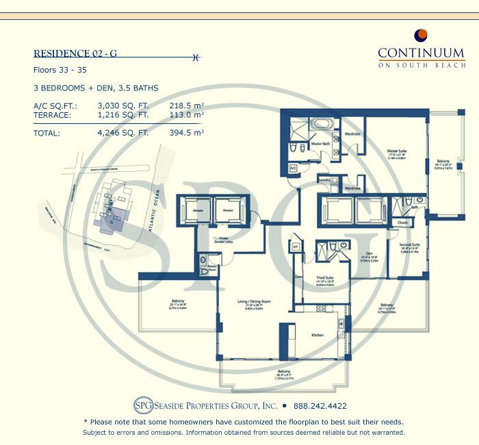 02-G Floorplan for Continuum, Luxury Oceanfront Condos in Miami Beach, Florida 33139