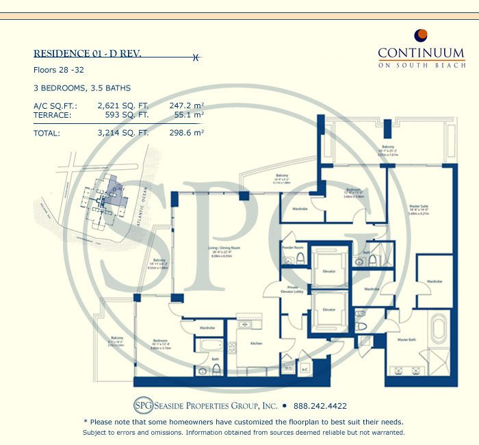 01-D Rev Floorplan for Continuum, Luxury Oceanfront Condos in Miami Beach, Florida 33139