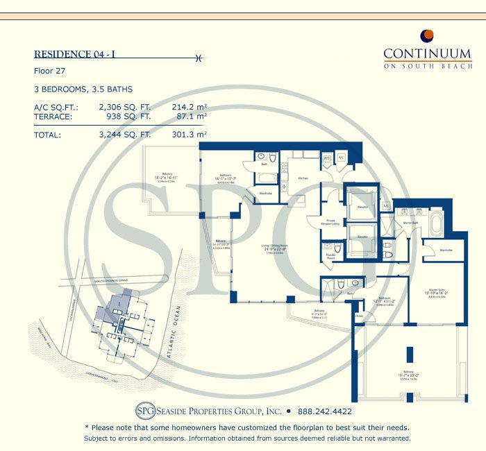 04-I Floorplan for Continuum, Luxury Oceanfront Condos in Miami Beach, Florida 33139