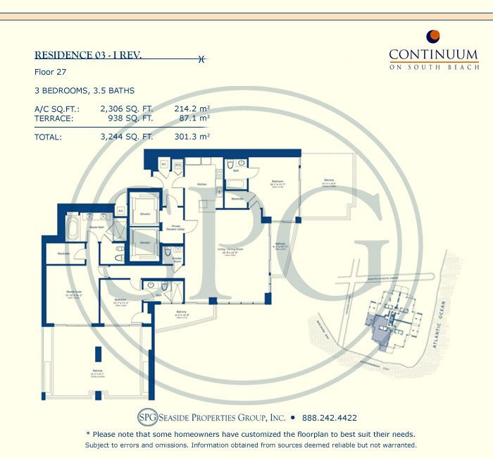 03-I Rev Floorplan for Continuum, Luxury Oceanfront Condos in Miami Beach, Florida 33139