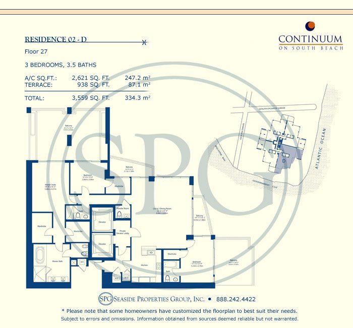 02-D Floorplan for Continuum, Luxury Oceanfront Condos in Miami Beach, Florida 33139
