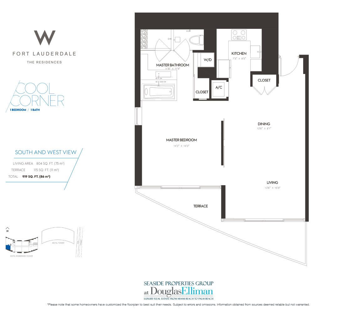 Cool Corner Floorplan at The W Fort Lauderdale, Luxury Oceanfront Condos in Fort Lauderdale, 33304