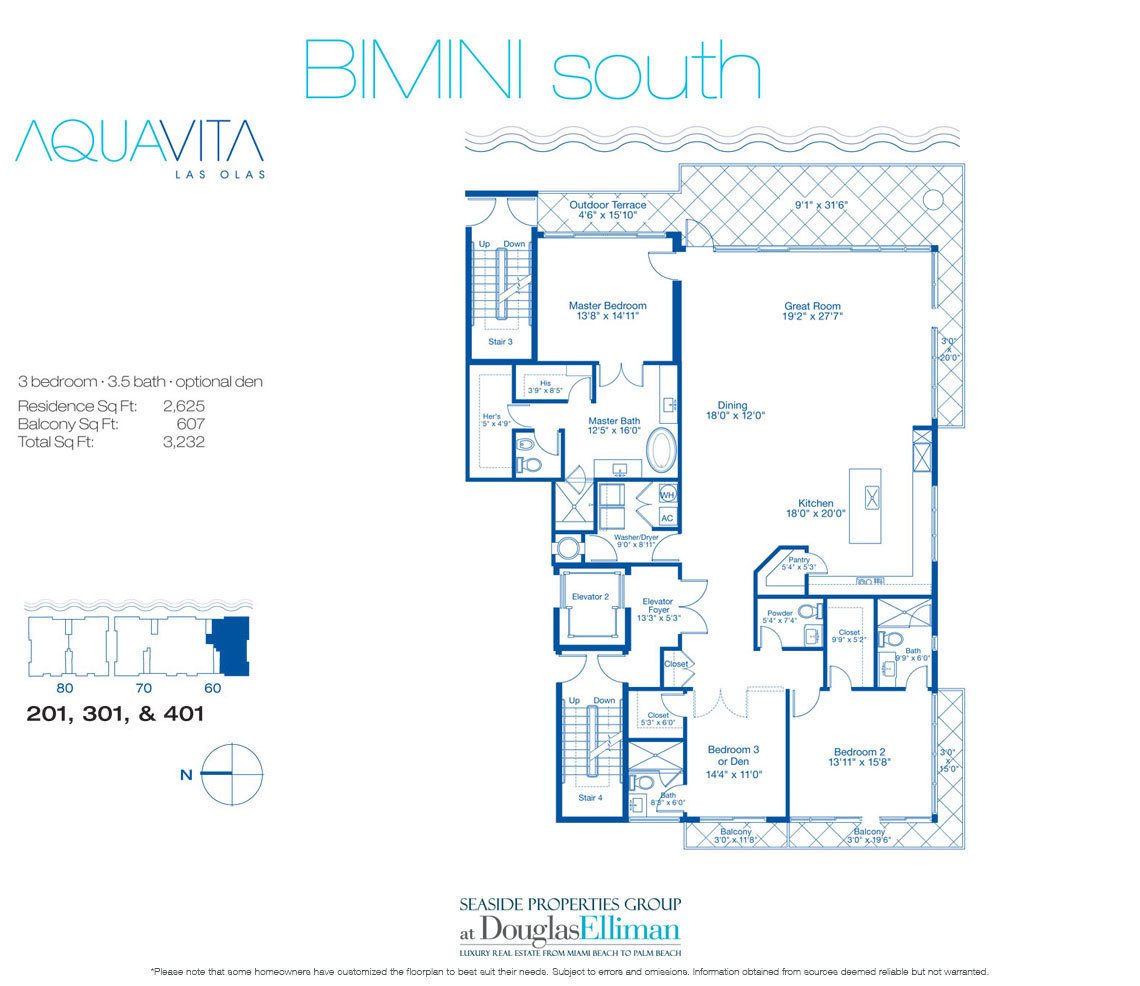 Bimini South Floorplan for AquaVita Las Olas, Luxury Waterfront Condos in Fort Lauderdale, Florida 33301