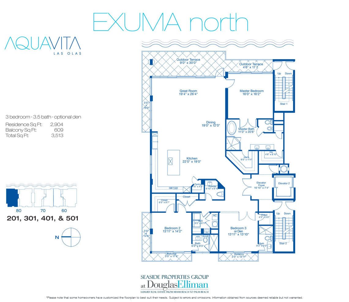 Exuma North Floorplan for AquaVita Las Olas, Luxury Waterfront Condos in Fort Lauderdale, Florida 33301