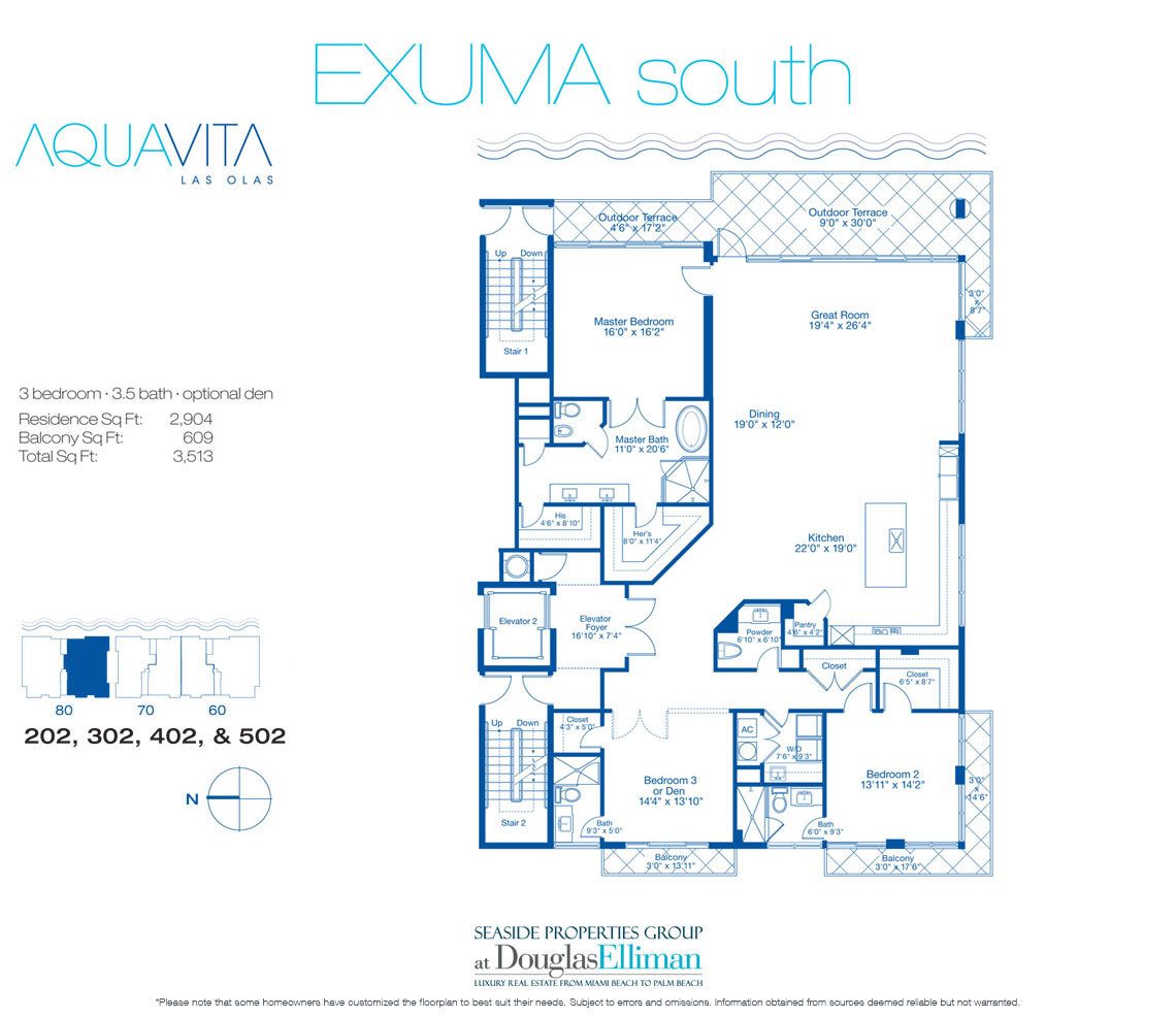 Exuma South Floorplan for AquaVita Las Olas, Luxury Waterfront Condos in Fort Lauderdale, Florida 33301