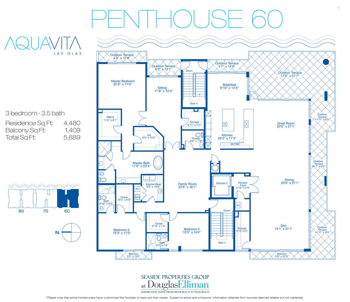 Penthouse 60 Floorplan for AquaVita Las Olas, Luxury Waterfront Condos in Fort Lauderdale, Florida 33301