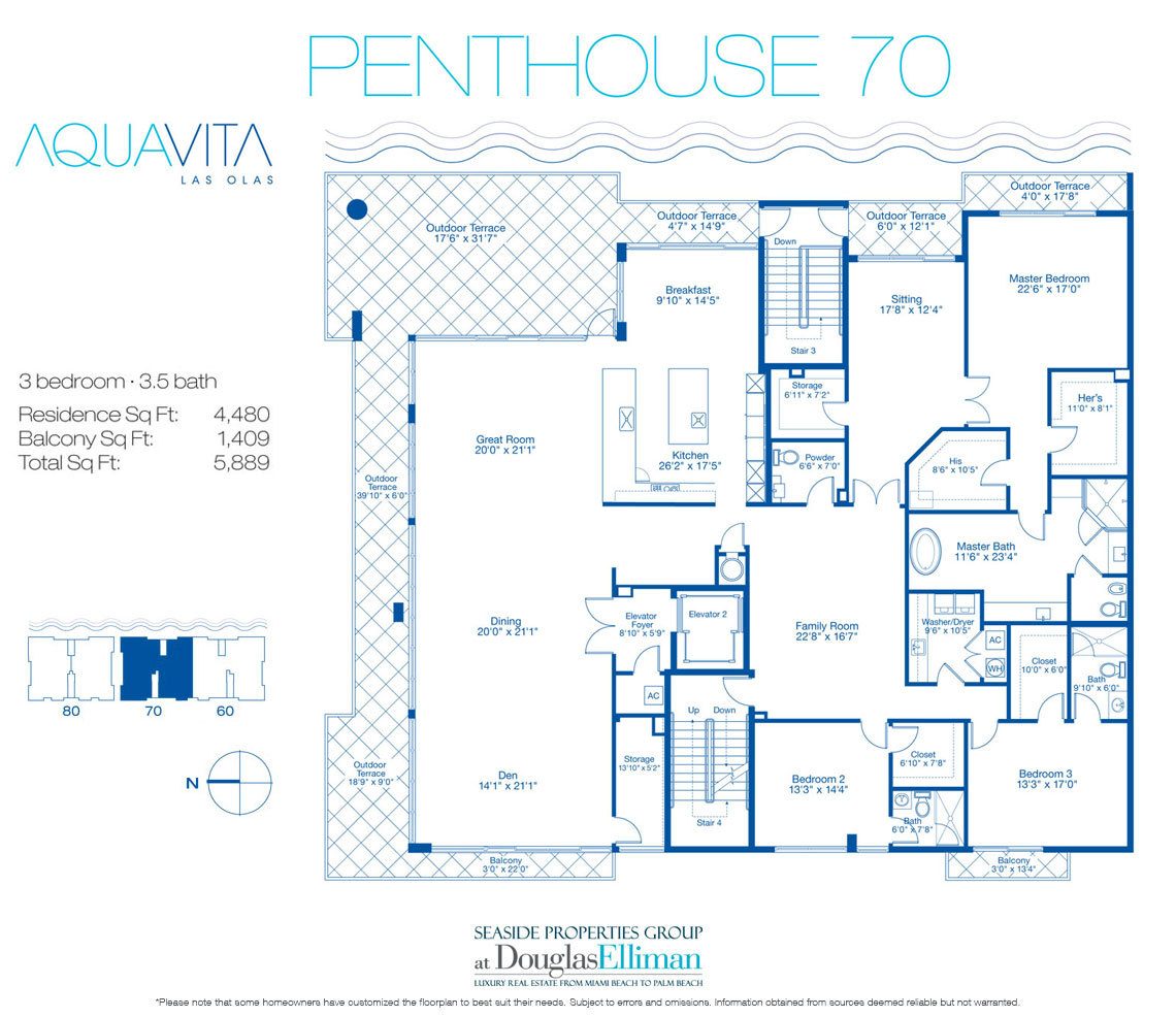 Penthouse 70 Floorplan for AquaVita Las Olas, Luxury Waterfront Condos in Fort Lauderdale, Florida 33301